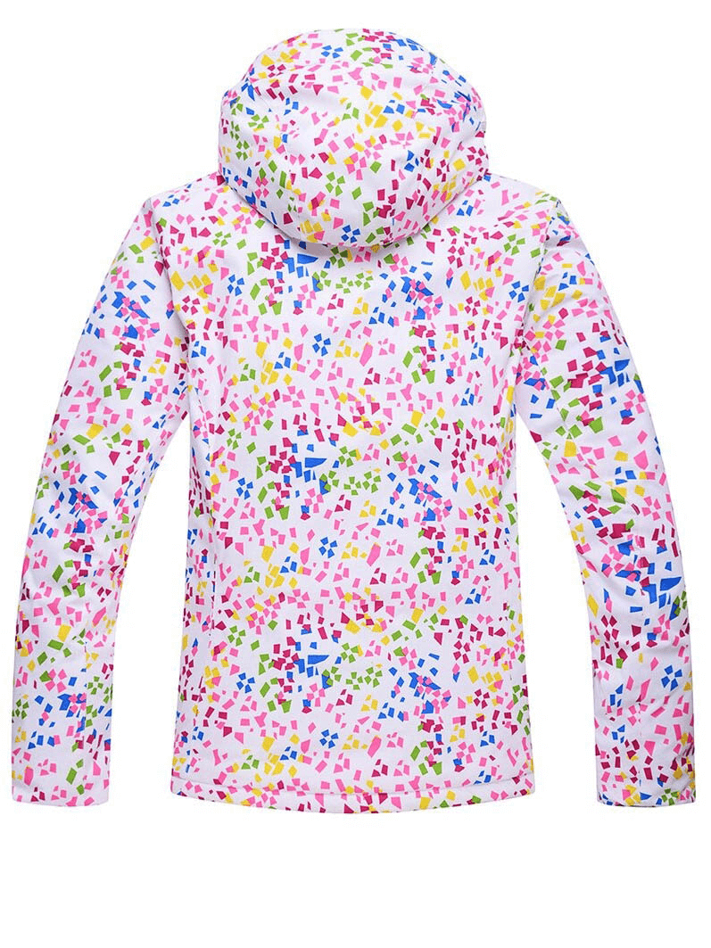 Vibrant multicolor women's skiing jacket with windproof zipper and hooded collar for optimal protection.